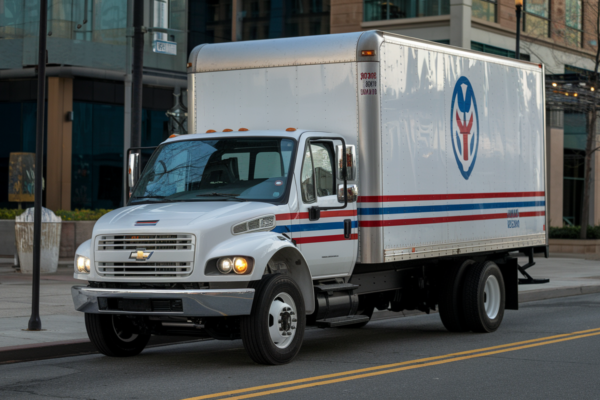 2009 Chevrolet C6500 box truck 13'6 in a warehouse setting, highlighting its design and functionality.